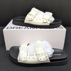 DREAM PAIRS Adjustable Buckle Eyelet Slip on Women Flat Slide Sandals 8.5 White